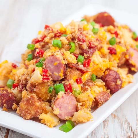 Golden, bubbly Quick Christmas Morning Hash Brown Bake, promising a festive, savory, and satisfying breakfast.