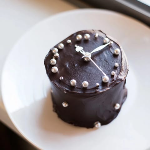 Close-up of freshly made Countdown Clock Mini Desserts, delightfully decorated with edible pearls and chocolate clocks.