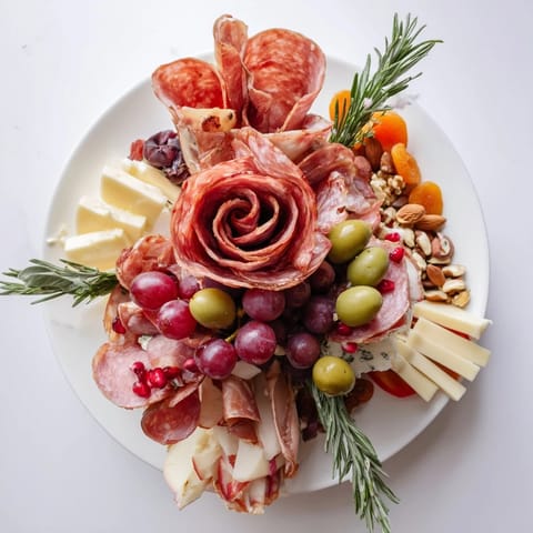 A visually appealing and savory Charcuterie arrangement, featuring beautiful meat roses ready to serve.