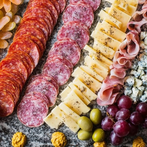 The Industrial Slate appetizer, showcasing an arrangement of meats, cheeses, grapes, and olives.