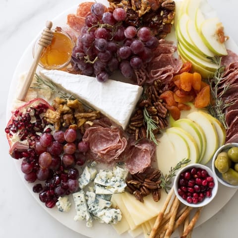 Festive Jingle Bell Cheese Board with Brie, fresh fruit, and holiday garnishes is ready to serve.