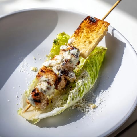 Delicious Chicken Caesar Salad Skewers arranged on a platter, showcasing grilled chicken and crunchy croutons.