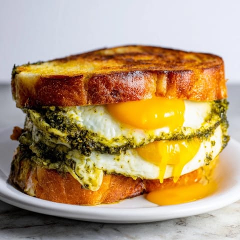Crispy sourdough encasing a vibrant pesto-infused egg and cheese in this savory Pesto Egg Grilled Cheese.