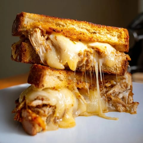 Crisped buttery bread holds a mountain of savory chili crisp honey chicken grilled cheese.