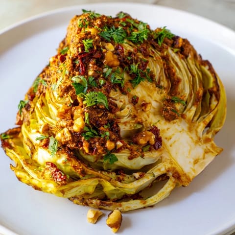 Golden-edged cabbage wedges sizzling from the oven, generously drizzled with bold, nutty romesco sauce and finished with toasted walnuts.