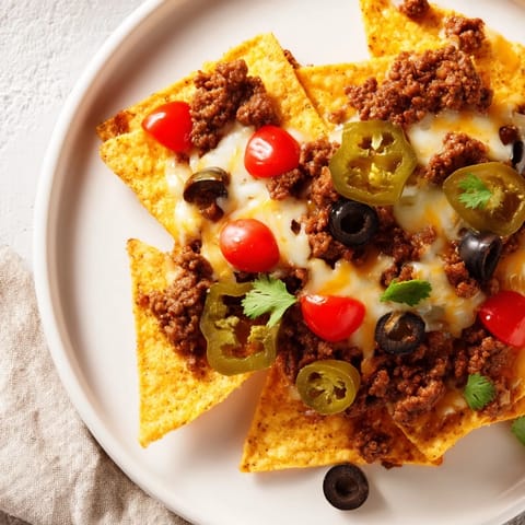 A close-up of classic Tex-Mex baked nachos on a platter, featuring crispy chips topped with beef, olives, and avocado.  