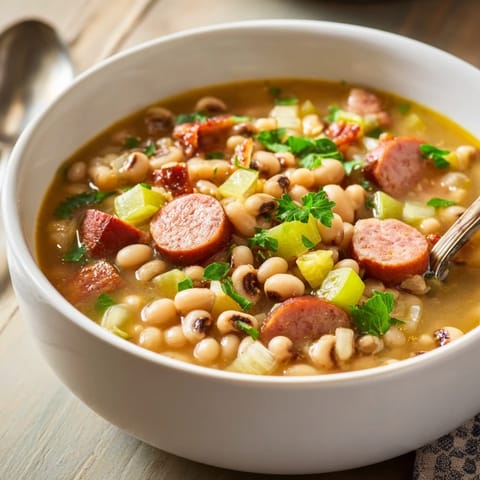 Hearty Southern-Style Black-Eyed Peas served in a rustic bowl, garnished with fresh parsley and a side of cornbread.