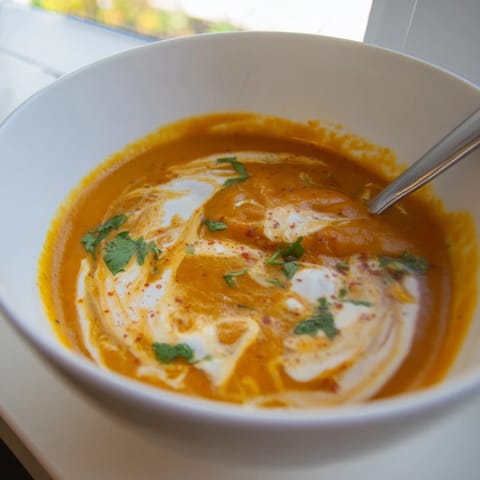 Butternut Squash and Lentil Soup in a rustic bowl, paired with crusty bread for a cozy, comforting meal.