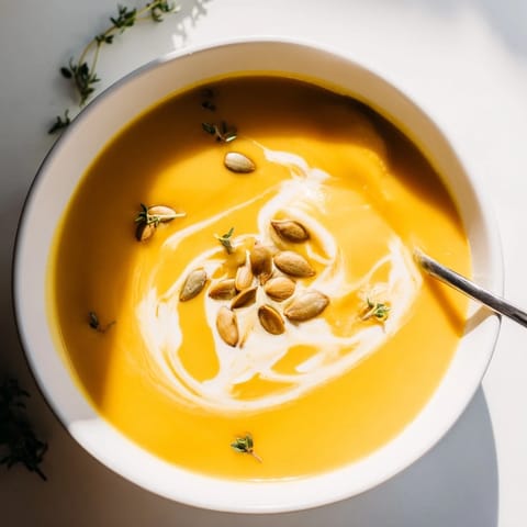 Homemade velvety butternut squash and apple soup swirled with cream, served warm alongside crusty bread for dipping on a chilly evening.