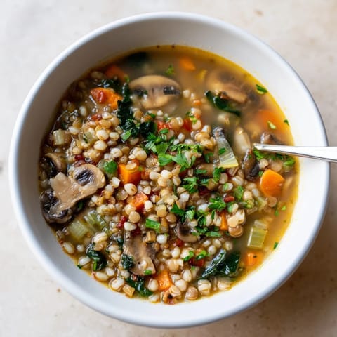 Hearty Double Lentil and Mushroom Barley Soup served with crusty whole-grain bread.  