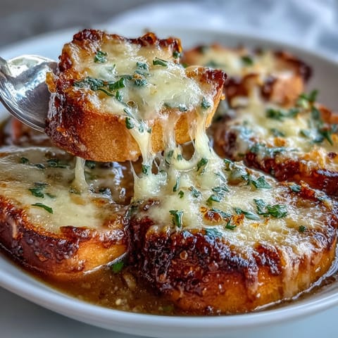 A steaming bowl of French Onion Soup with caramelized onions, topped with a toasted baguette slice and bubbly melted Gruyère cheese.