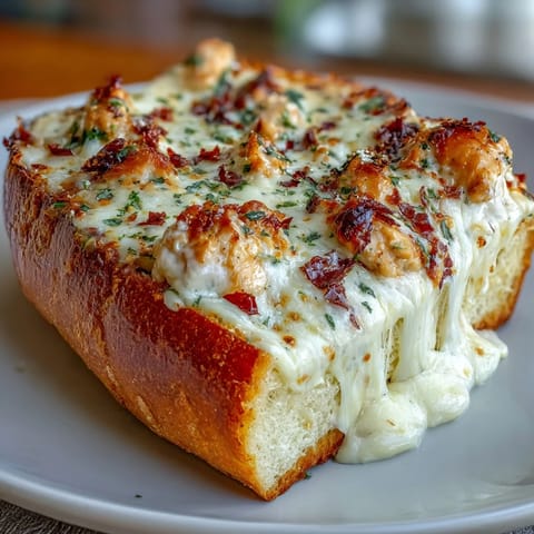 A close-up of toasted Italian bread loaded with creamy Alfredo sauce, tender chicken pieces, and a generous cheese blend.  