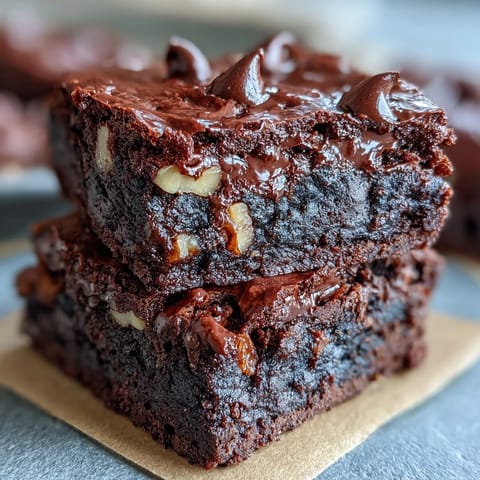 Fudgy Greek Yogurt Brownies topped with dark chocolate chips, cut into neat squares and served on a white plate for a protein-packed dessert.