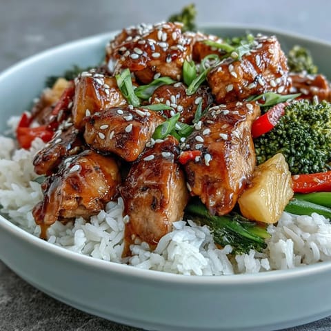 Tender Teriyaki Chicken and Rice Bowl, glistening with sauce, piled high.