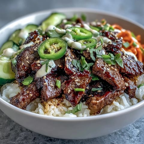 Delicious Korean Beef Power Bowl showcases tender marinated beef, pickled carrots, and creamy sauce.