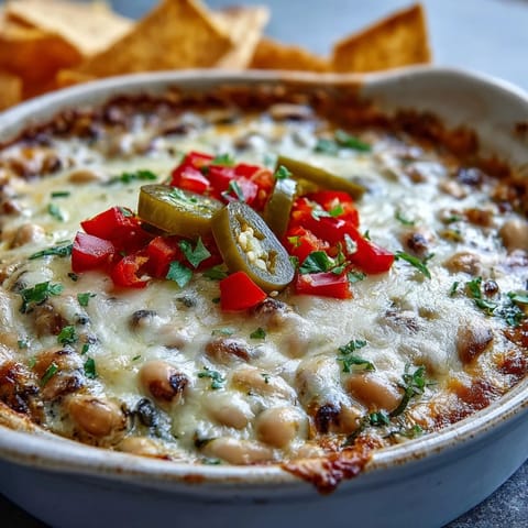 Golden brown, bubbly Hot Black-Eyed Pea Dip fresh from the oven with a side of sturdy tortilla chips.