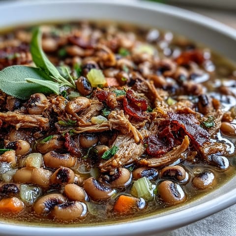 A warm bowl of Black-Eyed Peas With Smoked Turkey, garnished with fresh parsley and served beside golden cornbread. 