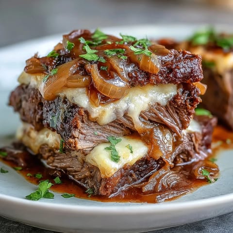 A tender Savory Crock Pot French Onion Pot Roast with rich beef juices, sweet caramelized onions, and fragrant thyme on a plate.  