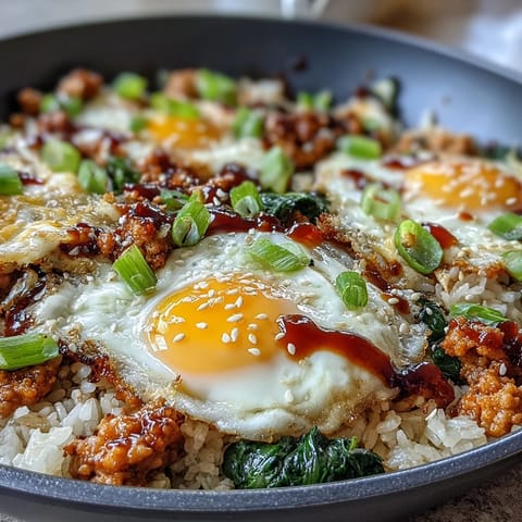 This savory Korean turkey rice skillet with spinach and carrots is finished with sesame seeds and scallions, served steaming hot in a ceramic bowl.