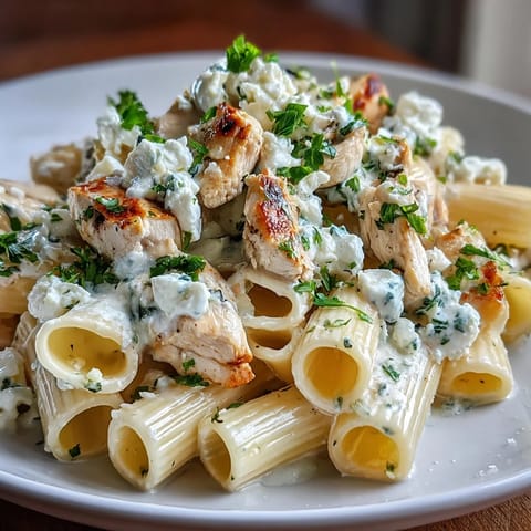 Steaming plate of Creamy Lemon Feta Chicken Pasta garnished with fresh parsley and lemon zest.
