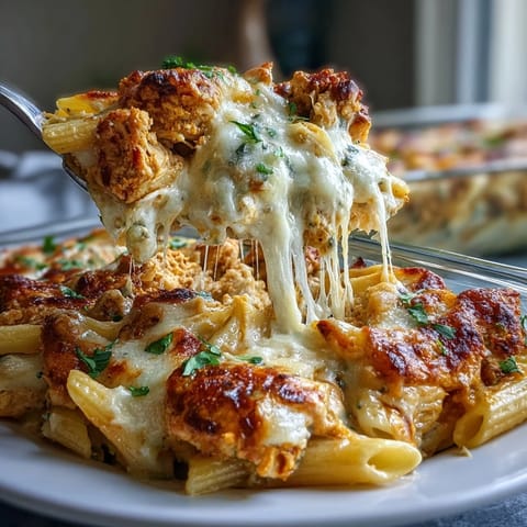Steam rises from a forkful of spicy penne with shredded chicken and melty cheese in a baking dish. 