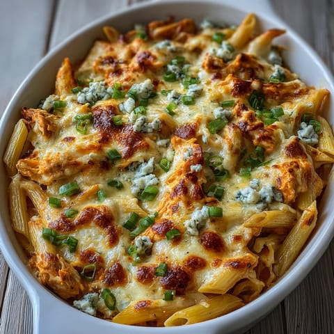 Penne pasta coated in a spicy buffalo ranch sauce with tender chicken, finished with sliced green onions and crumbled blue cheese garnish.