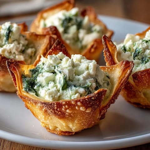 Golden-baked Crispy Spinach Feta Wonton Cups reveal creamy green filling and melty cheese on a serving board. 