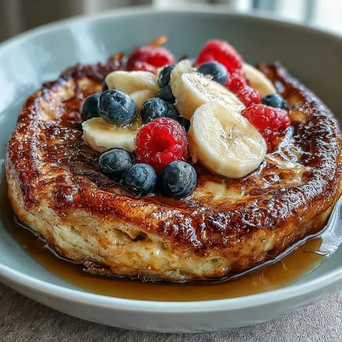 Freshly baked Baked Protein Pancake Bowl topped with raspberries and blueberries, steaming warmly in a ramekin for a single-serve breakfast.