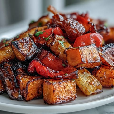 Miso-Butter Roasted Vegetables with caramelized edges and sesame seeds served warm on a platter.