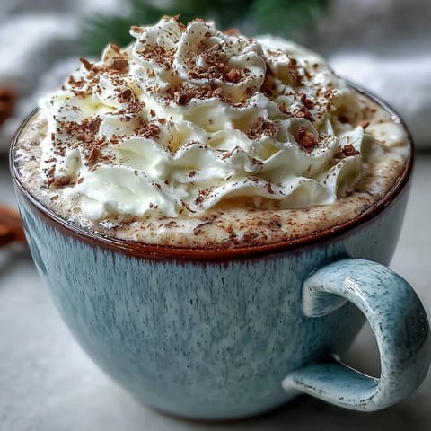 Festive Christmas Chai Latte in a clear mug, crowned with fluffy spiced whipped cream and a dusting of cinnamon for a cozy holiday treat.