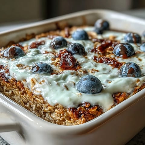 A plated slice of Clean Breakfast Blueberry Oatmeal Bake with Greek Yogurt Swirl topped with fresh blueberries and walnuts.