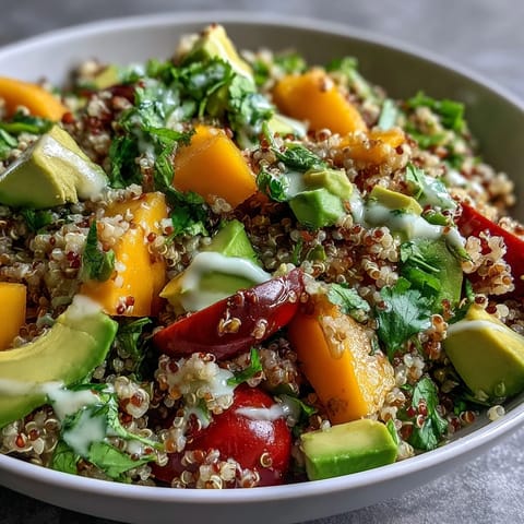 Spoonful of refreshing Tropical Mango Avocado Quinoa Salad featuring cherry tomatoes, red onion, and fresh cilantro on a rustic plate.