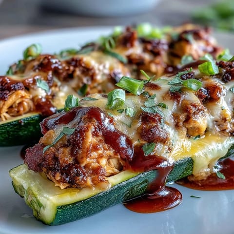 Crisp zucchini halves stuffed with shredded BBQ chicken and cheese, baked to a golden finish.