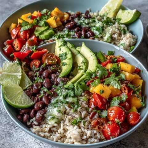Ready-to-eat Mango and Black Bean Brown Rice Fiesta Bowl topped with creamy avocado, corn, tomatoes, and a drizzle of lime dressing.