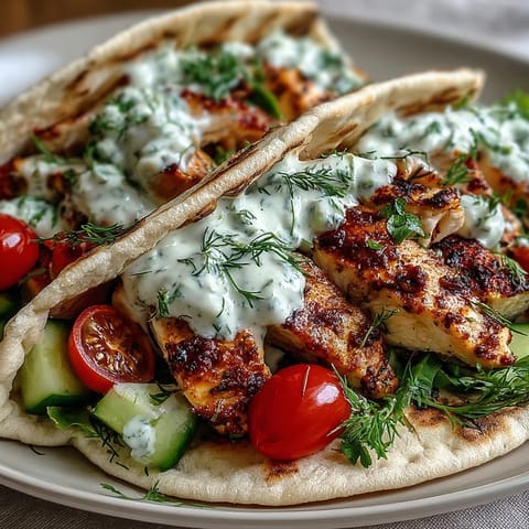 Spoonfuls of tangy yogurt sauce drip from these Light Greek Chicken Pita Pockets, served with fresh lemon wedges on a rustic plate.