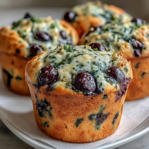 Freshly baked Vegan Blueberry Lemon Protein Muffins in a muffin tin, bursting with juicy berries and bright lemon zest.