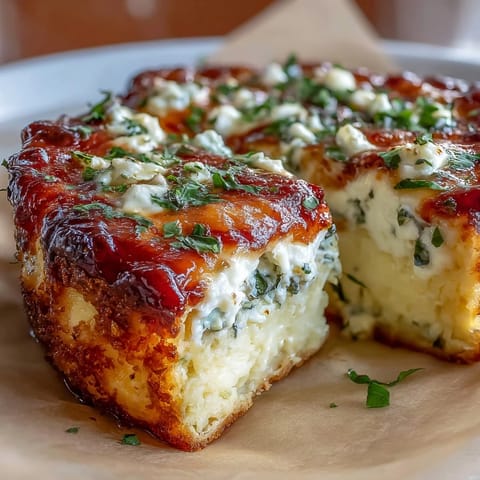 Golden-baked casserole featuring creamy cottage cheese, aromatic herbs, and melted cheese topping.  