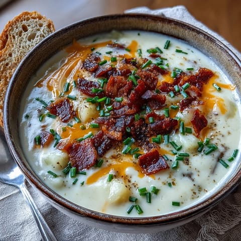 Rich and velvety baked potato soup featuring chunks of potato, smoky bacon, and sharp cheddar, perfect for cozy dinners.  