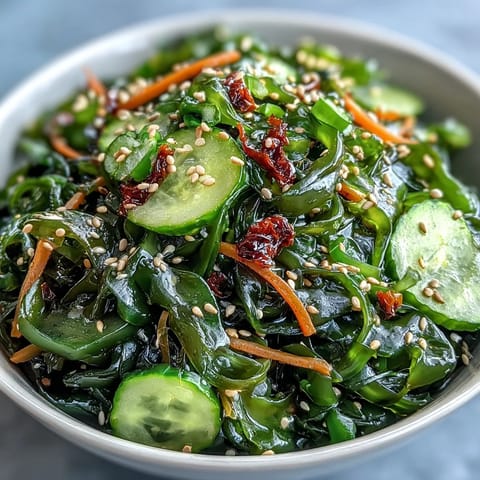 Bright seaweed salad featuring tangy ponzu, fresh ginger, and crunchy cucumber-carrot mix for a light appetizer.  