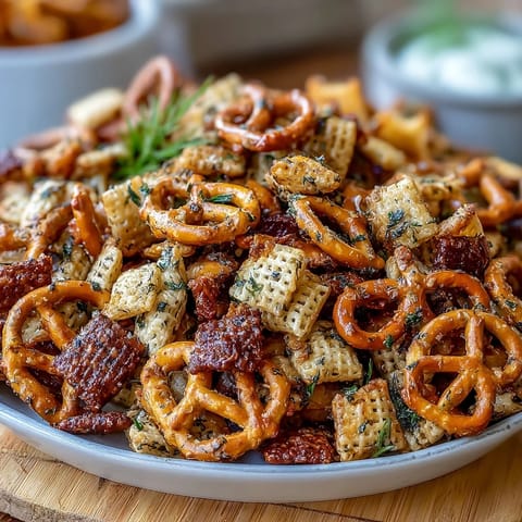Crispy Dill Pickle Chex Mix with crunchy pretzels and bagel chips, baked to golden perfection and bursting with tangy dill pickle flavor.  