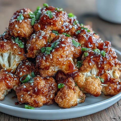 Air fryer General Tso's cauliflower with crispy florets in a sweet, spicy, and tangy Asian-inspired sauce.  