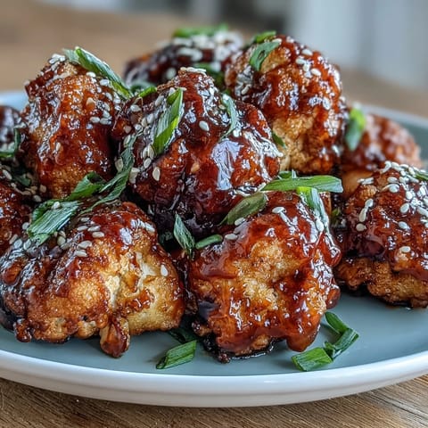 Golden-brown air-fried cauliflower bites coated in rich General Tso's sauce, garnished with sesame seeds and scallions.  