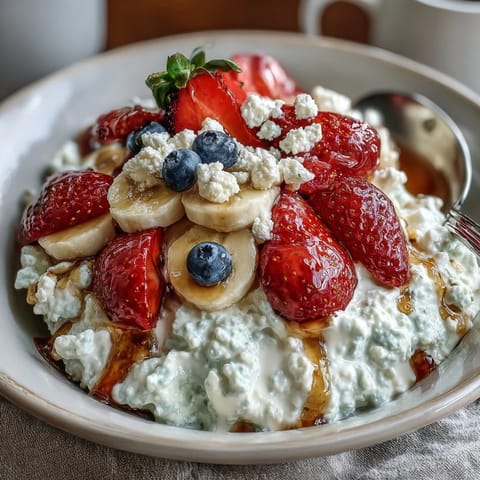 A healthy and satisfying cottage cheese fruit bowl featuring juicy strawberries, sliced banana, and crunchy nuts, all sweetened with natural honey.  