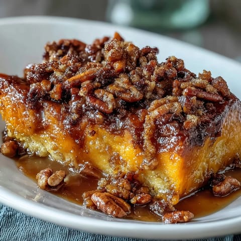 Warm candied yams casserole topped with a buttery pecan streusel, baked until golden and bubbling for a cozy holiday side.