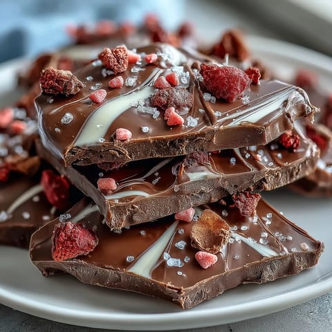 A glossy chocolate bark with swirls of dark and white chocolate, topped with vibrant freeze-dried strawberries and festive Valentine sprinkles.  