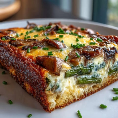 Savory Asparagus and Mushroom Frittata with a buttery sourdough crust, topped with melted Gruyère and fresh chives for an elegant meal.  