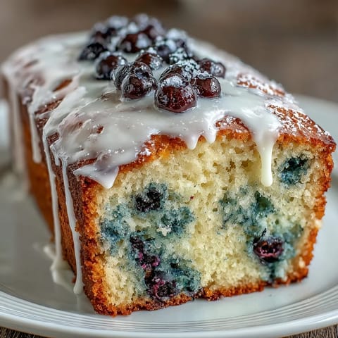Slices of tender lemon blueberry bread topped with a glossy glaze, ideal for tea parties and celebrations.  