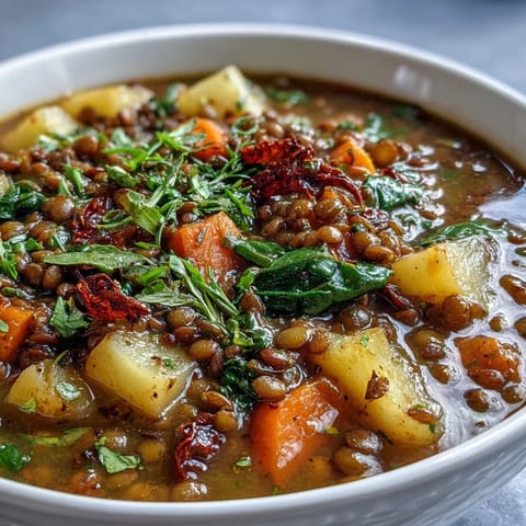 This hearty lentil stew features green lentils, diced carrots, and potatoes simmered with fragrant herbs for rich flavor.  