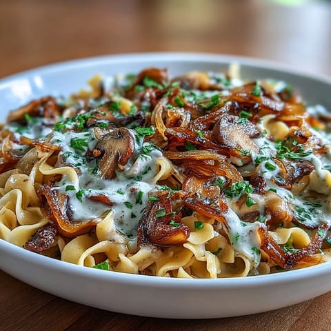 Creamy onion and mushroom stroganoff served over tender egg noodles with fresh parsley garnish.  