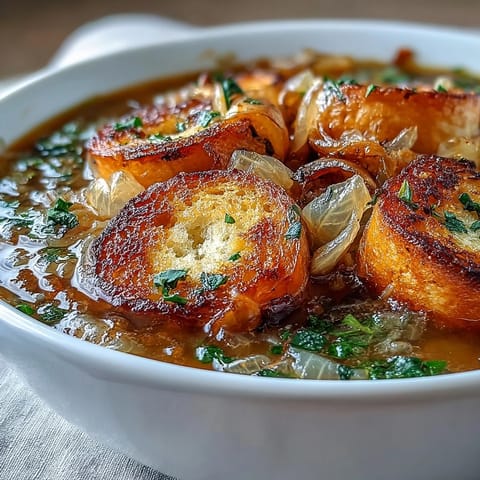 Creamy roasted garlic and onion soup topped with golden herb croutons in a rustic bowl.  